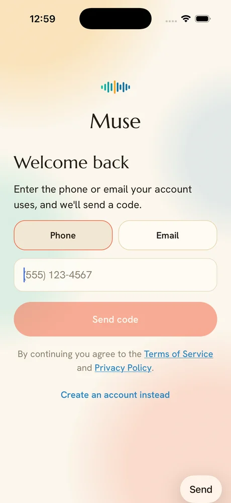 Muse sign-in screen: phone or email, with a one-time code