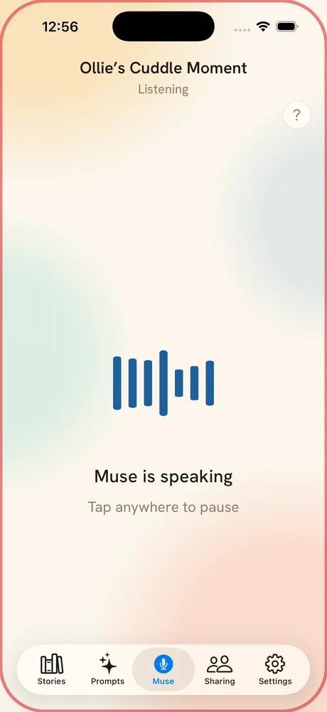 A live Muse voice session with an animated waveform and the words 'Muse is speaking'
