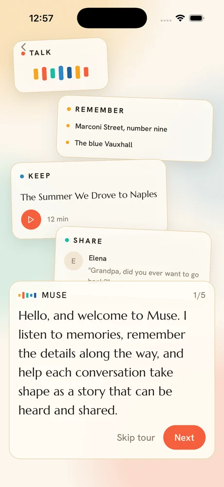 Muse's guided tour, showing talk, remember, keep and share cards